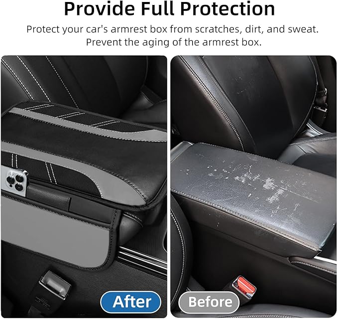 NBTEPEM Gray Center Console Cover, Sporty Leather Armrest Cover Cushion with 2 Storage Pockets, Universal Auto Middle Console Protector, Car Interior Accessories for Most SUV, Truck, Sedan Vehicles