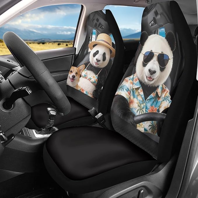 Panda Front Car Seat Cover Nonslip Auto Interior Accessories 2 Pcs Set Stretch Polyester Fabric Cover All-Season Protection Universal Fit for Most Cars SUV and Sedan