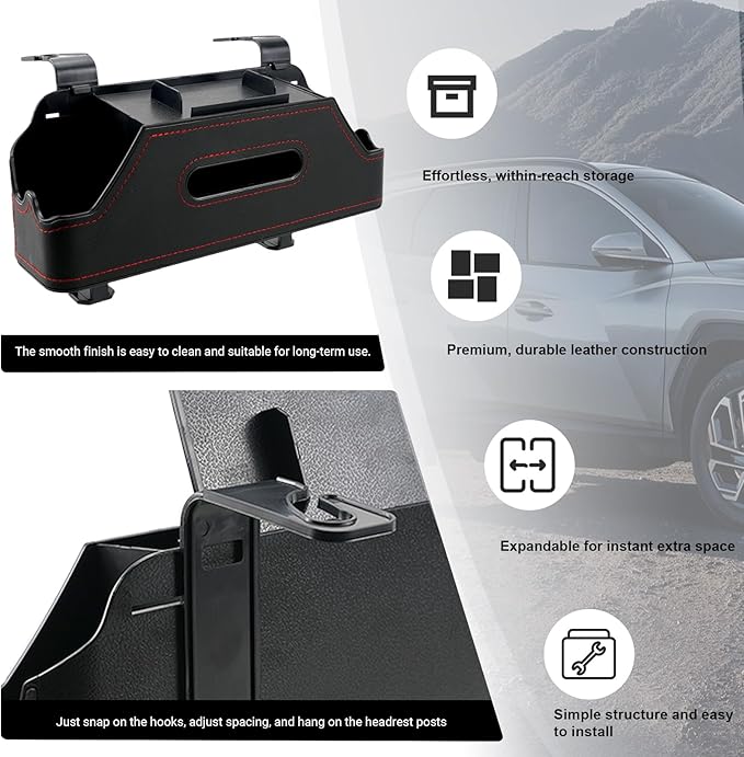 Sporacingrts Car Seat Back Organizer with Cup Holders, Tissue Box, Hooks, Phone Slot, Black PU Leather Storage Box for Backseat, 1 Pack, Fits Most Cars SUVs Trucks