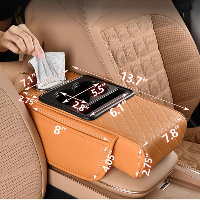 Car Armrest Cushion,5-in-1 Center Console Cover with 2 Storage Bags Cup Holder, Tissue Box Slot, Phone Slot for Sedans, Car Accessories Interior Organizers (coffee)