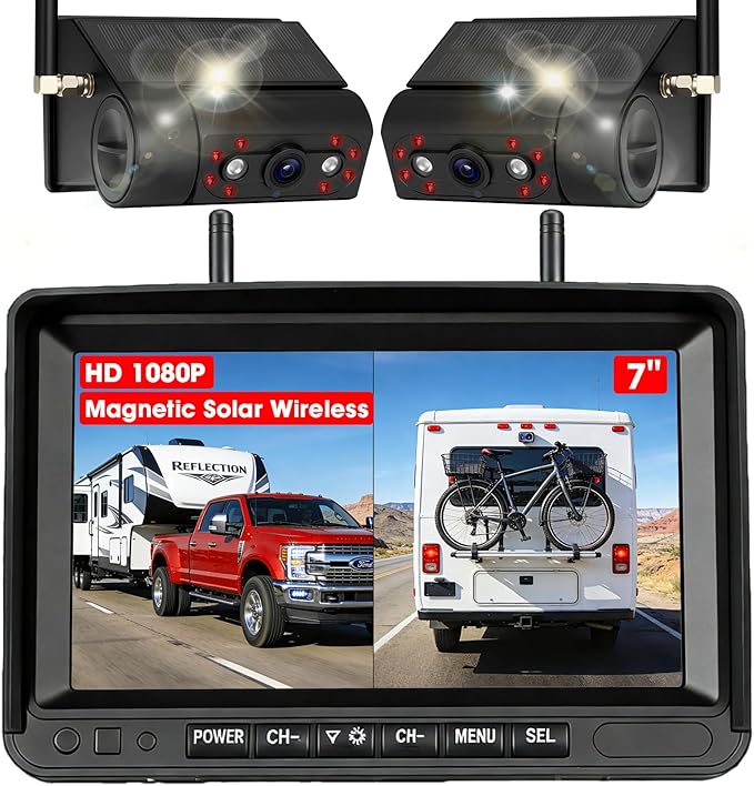 2 Magnetic Wireless Backup Camera: 3 Min Install 7" HD1080P Monitor, Rechargeable No Wiring Scratch-Proof Waterproof IR Night Vision Solar Wireless Backup Camera for Trucks/RV/Trailer/Camper/SUV