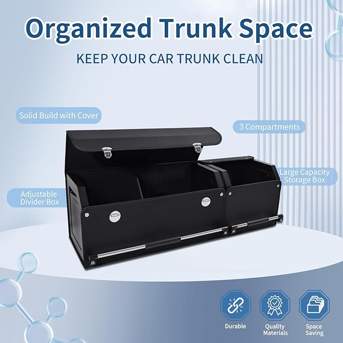 Car Trunk Organizer, Leather Trunk Organizer for SUV with Lid and Sturdy Handle Collapsible Adjustable Storage (Black, 41 x 11.4 x 12.2in)