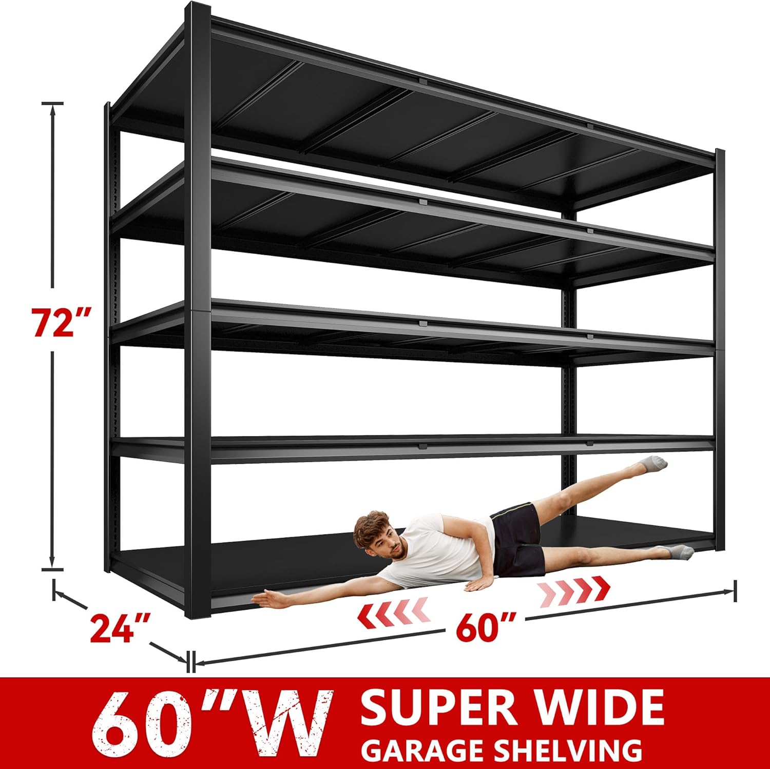 REIBII 60" W Garage Shelving 3000LBS Garage Shelving Heavy Duty Storage Shelves, 5 Tier Metal Shelves, Adjustable Industrial Shelf for Warehouse, Basement, Pantry, 60" W x 24" D x 72" H