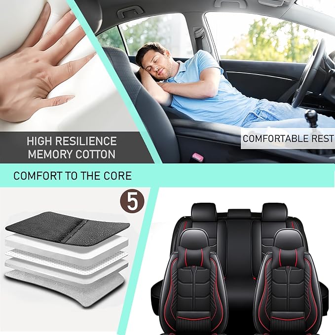 Leather Car Seat Covers Fit for Toyota Avalon 1996-2024, 5 Seater Car Seat Cover, Premium Waterproof, Scratch Resistant Car Interior Accessories (Full Set with Pillow Black Red)