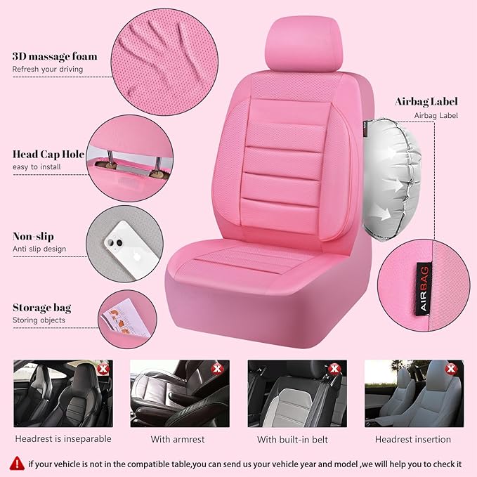 CAR PASS Pink Leather Seat Covers Full Set Universal Water Resistant 3D Foam Back Support, Luxury Comfort Automotive 5 Seat Covers for Women All Season Fit SUV,Sedan,Van, Airbag Compatible Pink