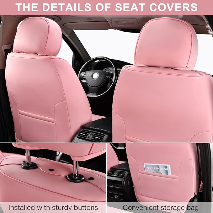 Pink Car Seat Covers Full Set, Breathable Leather Automotive Front and Rear Seat Covers & Headrest for Comfortable Driving, Universal Auto Interior Fit for Most Kinds of Vehicles