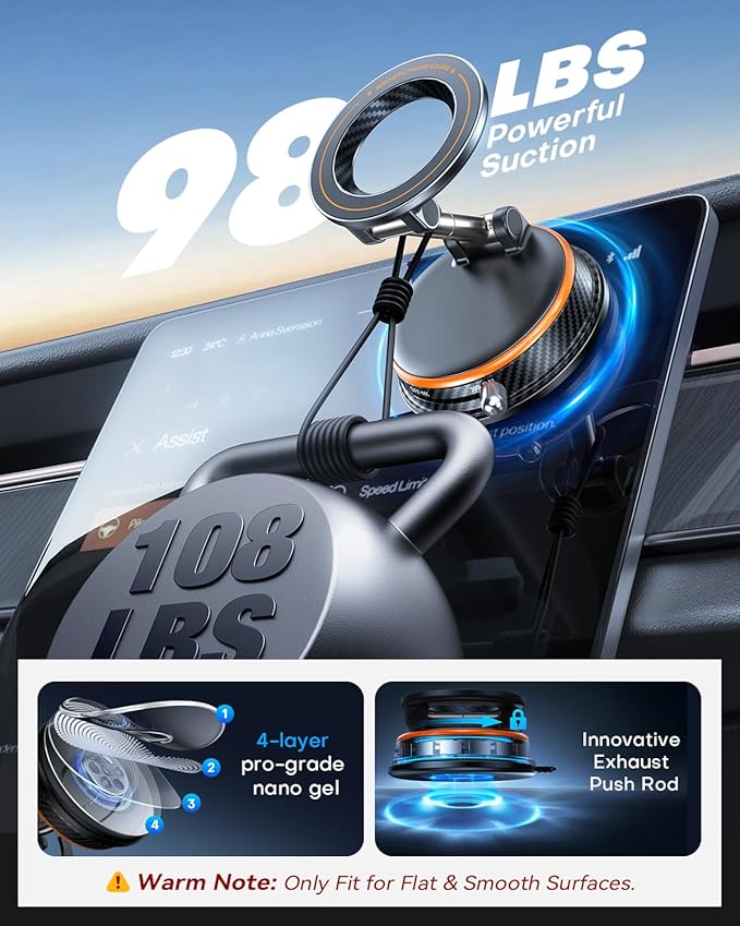 Upgraded Car Phone Holder for Magsafe [98+LBS Strongest Suction & 2400gf Magnetic] Vacuum Magnetic Phone Holders for Your Car 360° Adjustable Car Phone Mount for iPhone & Android Orange