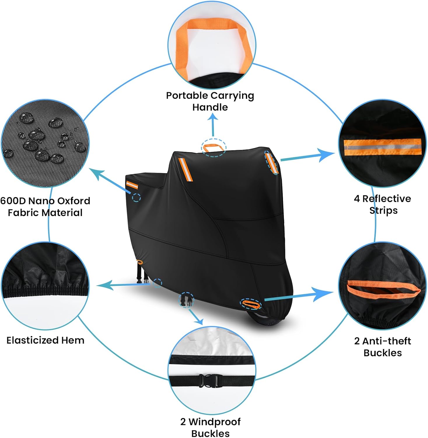 Motorcycle Covers Waterproof Outdoor Storage, Heavy Duty Motorbike Scooter Cover All Weather Protection with 4 Reflective Strips, 2 Lock-Holes, 2 Windproof Buckles (3XL: 95 x 37 x 49 inch)