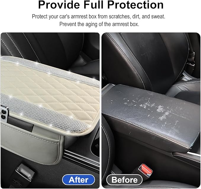 NBTEPEM Bling White Car Center Console Cover, Leather Car Arm Rest Cover with 2 Storage Bags, Universal Auto Armrest Protector Storage Box, Bling Accessories Interior for Most Vehicles