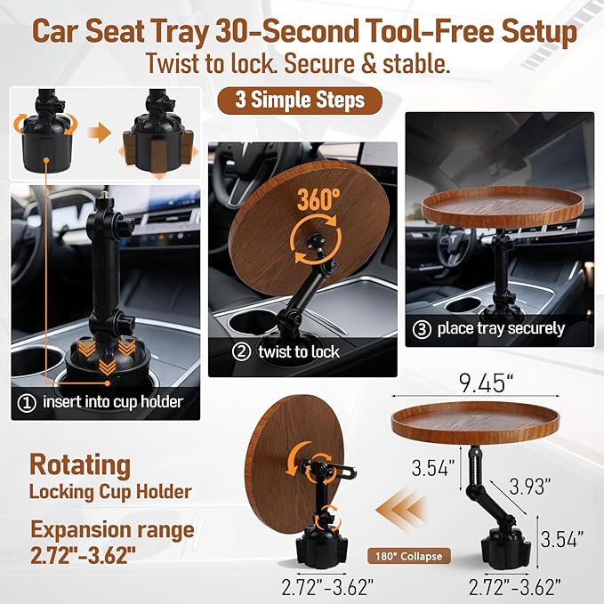 Car Food Cup Holder Tray - 360° Rotating Car Table and Car Seat Tray, Detachable Wooden Car Desk for Laptop and Food Tray, Compatible with Tesla Model Y/3/S, Ford F150/Explorer (Brown, 9.45")
