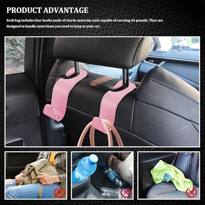 4PCS Car Seat Headrest Hook, Plastic Auto Back Seat Hanger Hooks, Multi-functional Stylish Seat Hooks, Universal Car Interior Headrest Hanger Storage Accessories for Purse Coats Handbag (Pink)