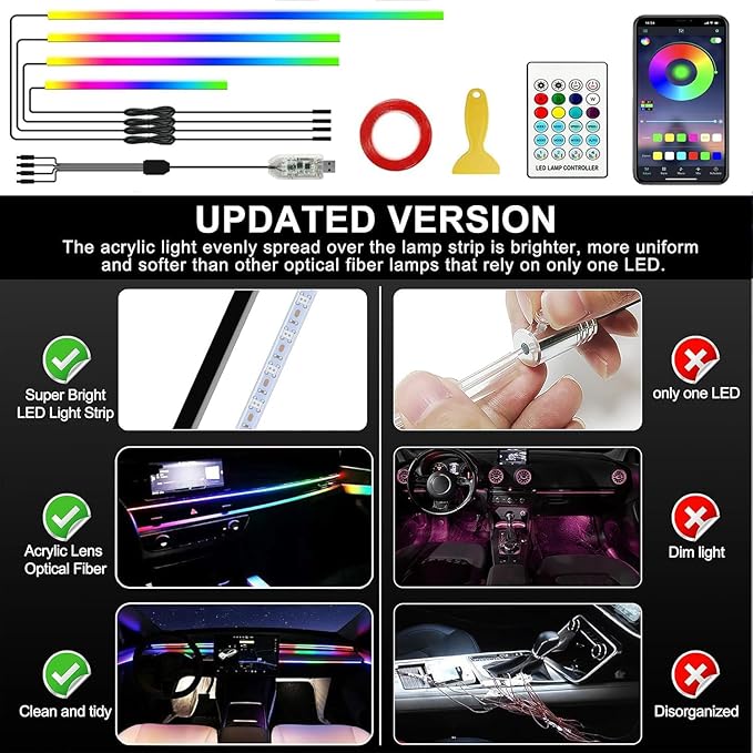 Acrylic Interior Car LED Strip Light with APP Remote Control, 116in 4 in 1 USB RGB Dreamcolor Neon Flexible Strip Fiber Optic LED Ambient Lighting Kits,RGB Music Lights Sync for Inside car Decorations