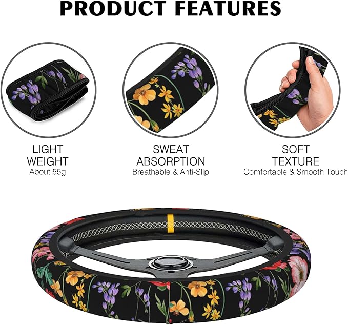 Colorful Floral Flowers Steering Wheel Cover, Elastic Non-Slip Steering Wheel Protector,Auto Interior Decor for Women Girls,Universal 15" Fit for Sedans,Trucks