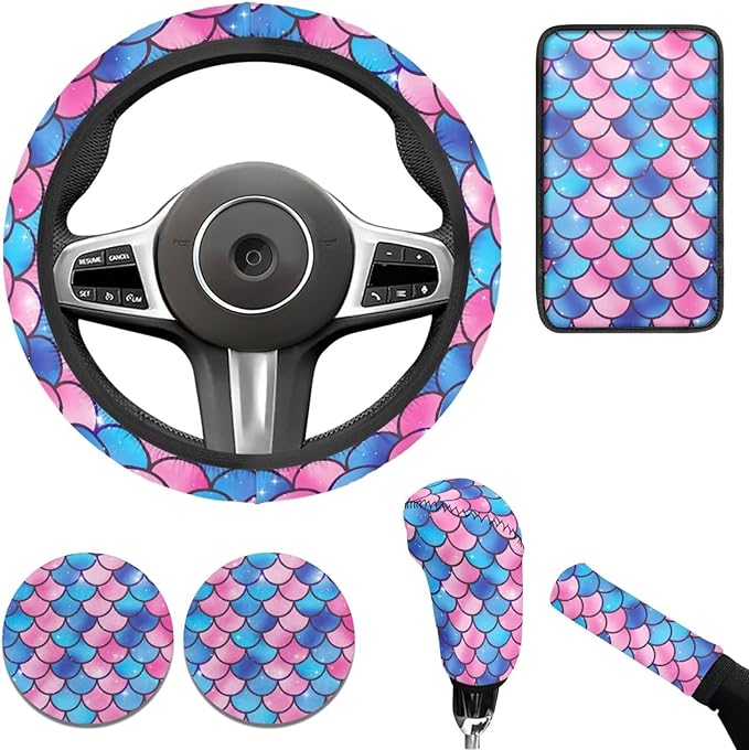 Pink Fish Scale Print Elastic Car Steering Wheel Protector for Men Women 6 Pcs Cup Coaster Handbrake Cover Fit Auto,Suvs,Truck