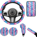 Pink Fish Scale Print Elastic Car Steering Wheel Protector for Men Women 6 Pcs Cup Coaster Handbrake Cover Fit Auto,Suvs,Truck