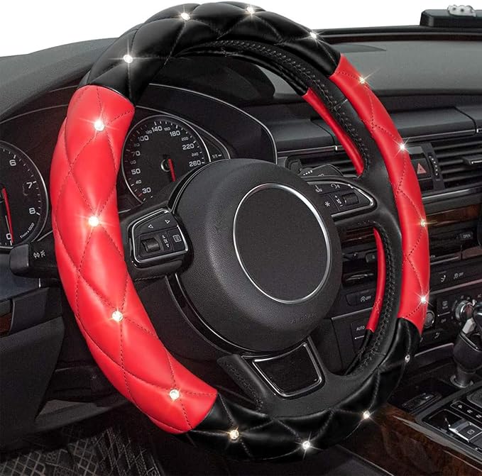 Xizopucy Black Red Steering Wheel Cover, Universal Car Steering Wheel Protector with Crystal Rhinestones Anti-Slip Soft Interior Accessories for Women and Girl Fit 14.5-15 inch