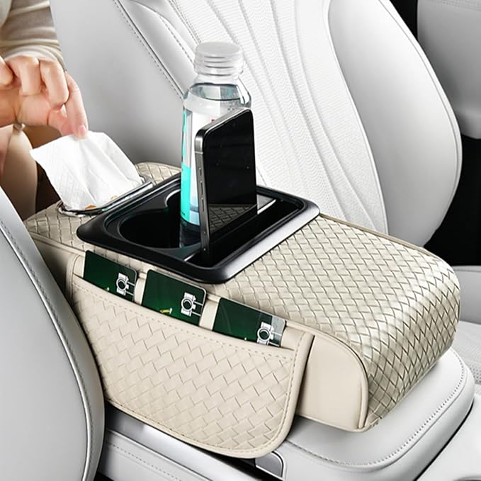 Car Armrest Cushion Cover Car Center Console Memory Foam Booster Pad with Storage Pocket and Tissue Hole for Sedan Vehicle (Cupholder - Black, 13.39 * 7.68 * 2.95'' / 34 * 19.5 * 7.5cm)