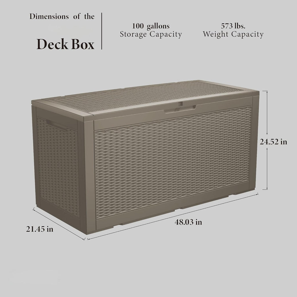 100 Gallon Resin Deck Box, Waterproof Outdoor Storage Bin for Patio Furniture, Pool Accessories, and Garden Tools, Lockable & UV-Resistant, Grey