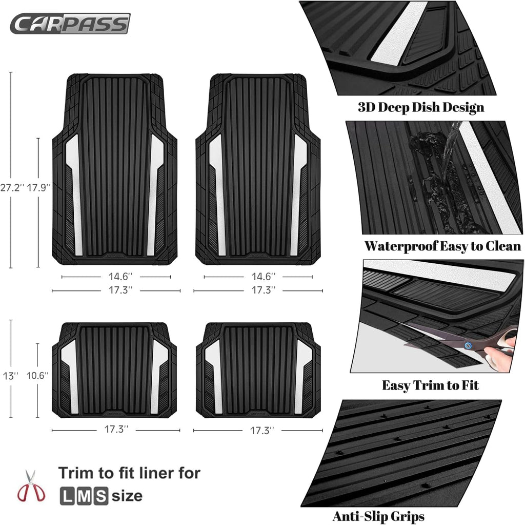 CAR PASS Heavy Duty Rubber Car Mats Metallic,Aluminum Film All Weather Floor Mats Waterproof Universal Trim to Fit SUVs Sedans Vans 4 Piece Anodized Deep Dish Two-Tone Sporty Black White Chrome