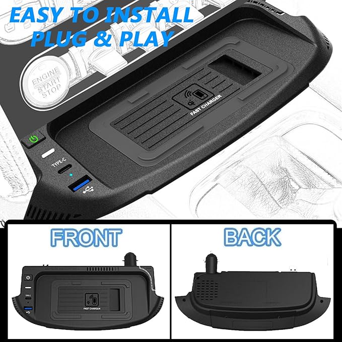 Wireless Car Charger for Ford Mustang 2015 2016 2017 2018 2019 2020 2021 2022 2023 with 27W USB & Type-C Center Console Accessory Panel, Fast Charger for i-Phone Sam-Sung