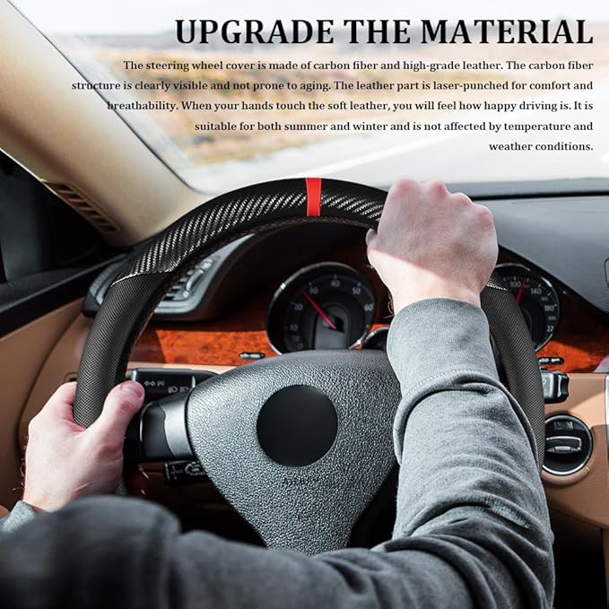 Car Steering Wheel Cover, Steering Wheel Accessories, 15 Inch Microfiber Leather Carbon Fiber Soft Anti-Slip Breathable, Car Accessories Elastic Non-Slip Cover for Most Vehicles (Black)