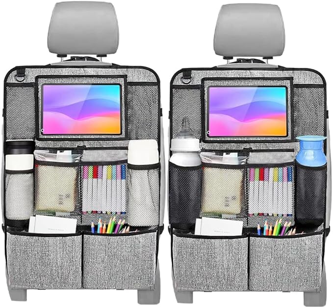 2PCS Car Seat Back Organizer, Waterproof Vehicle Storage Bag with Touch Screen Tablet Holder & 9 Pockets, Auto Kick Mats Back Seat Protector for Kids, Universal Travel Accessories (Gray/Large)