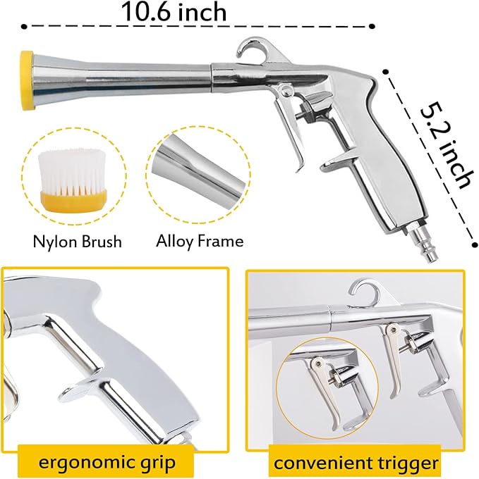 Car Cleaning Gun - High Pressure Air Blow Interior Detailing Kit With Air Duster Blower - Compressor Needed Tools (Silver)