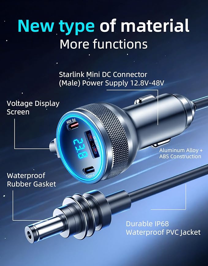 Starlink Mini Cable, 4-in-1 Starlink Mini Car Charger DC Power Cable + 12V-48V Cigarette Lighter Adapter with Digital Display, USB-C PD 45W and Dual USB-A 35W Ports for Cars, Suitable for Car (16.4FT)