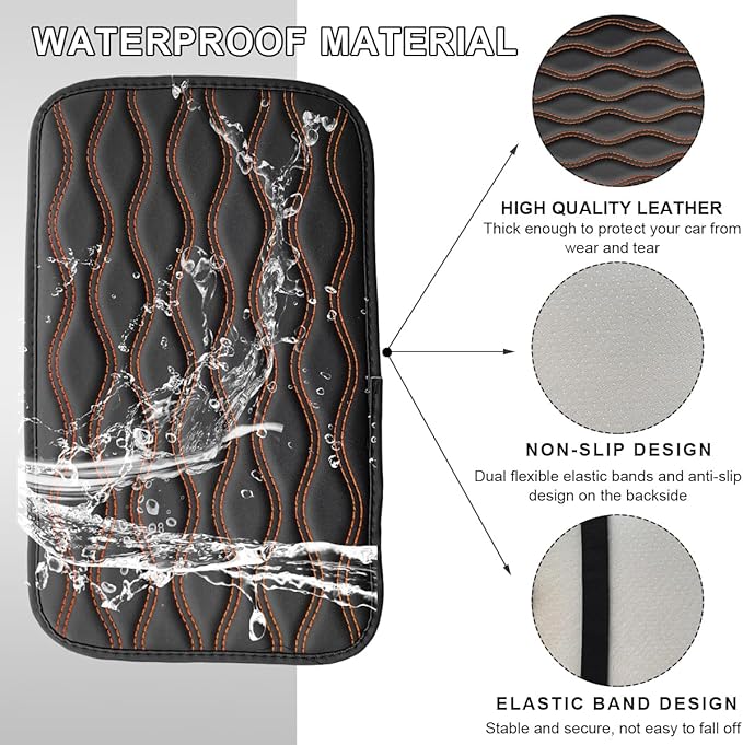 Car Center Console Cushion Pad, 12.48×7.40 Inches Waterproof Car Armrest Seat Box Cover, Comfortable PU Leather Vehicle Armrest Cover Protector, Car Decor Interior Accessories (Black＋Orange)