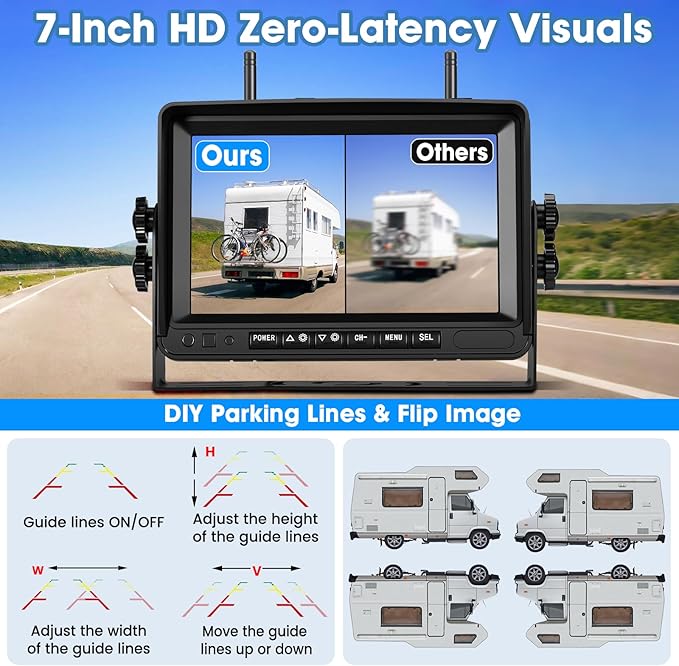2 Magnetic Wireless Backup Camera: 3 Min Install 7" HD1080P Monitor, Rechargeable No Wiring Scratch-Proof Waterproof IR Night Vision Solar Wireless Backup Camera for Trucks/RV/Trailer/Camper/SUV