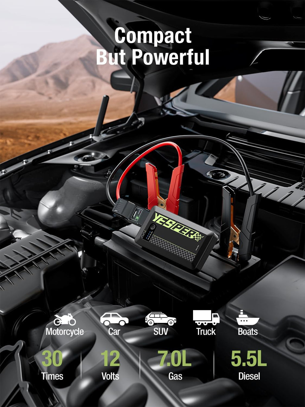 YESPER Jump Starter Portable,1500A Peak Motorcycle Jump Starter, Jump Box for Car Jumper Starter Portable, 12V Auto Booster Pack(Up to 7L Gas and 5.5L Diesel Engine) with Smart Safety Jumper Cable