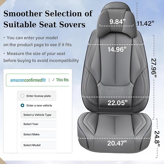 Coverado Universal Seat Covers Front, 2-Pack Universal Seat Covers for Cars, Waterproof Nappa Leather Car Seat Covers with Head Pillow, Auto Protectors Fit for Most Sedans SUV Pick-up Truck-Gray