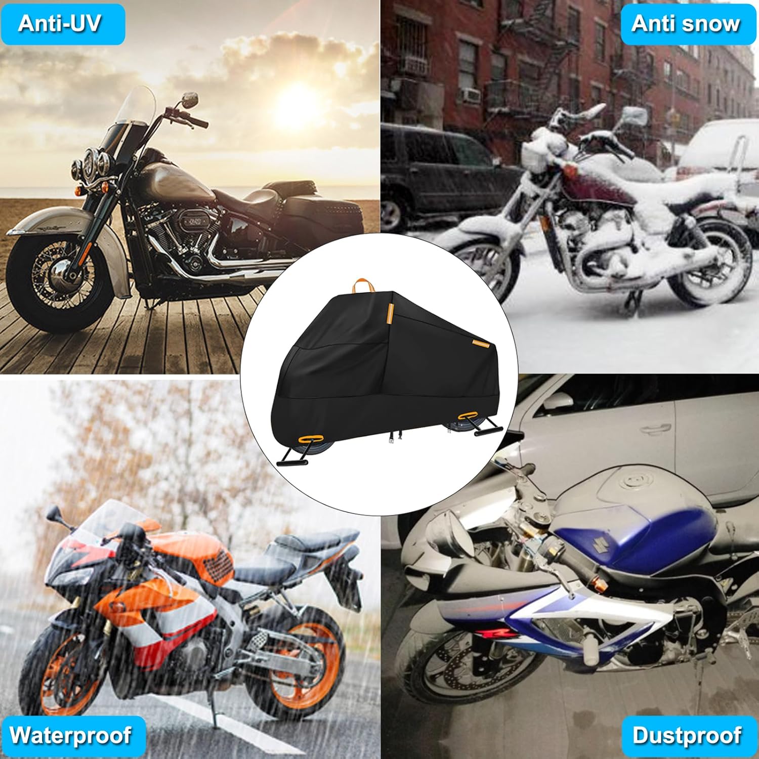 Motorcycle Cover Waterproof Outdoor, 300D Heavy Duty Motorcycle Cover for Harley Davidson Sportster 1200 883 Fat Boy 114 Street Bob, All Seasons Protection Scooter Cover Fits up to 96" - Black