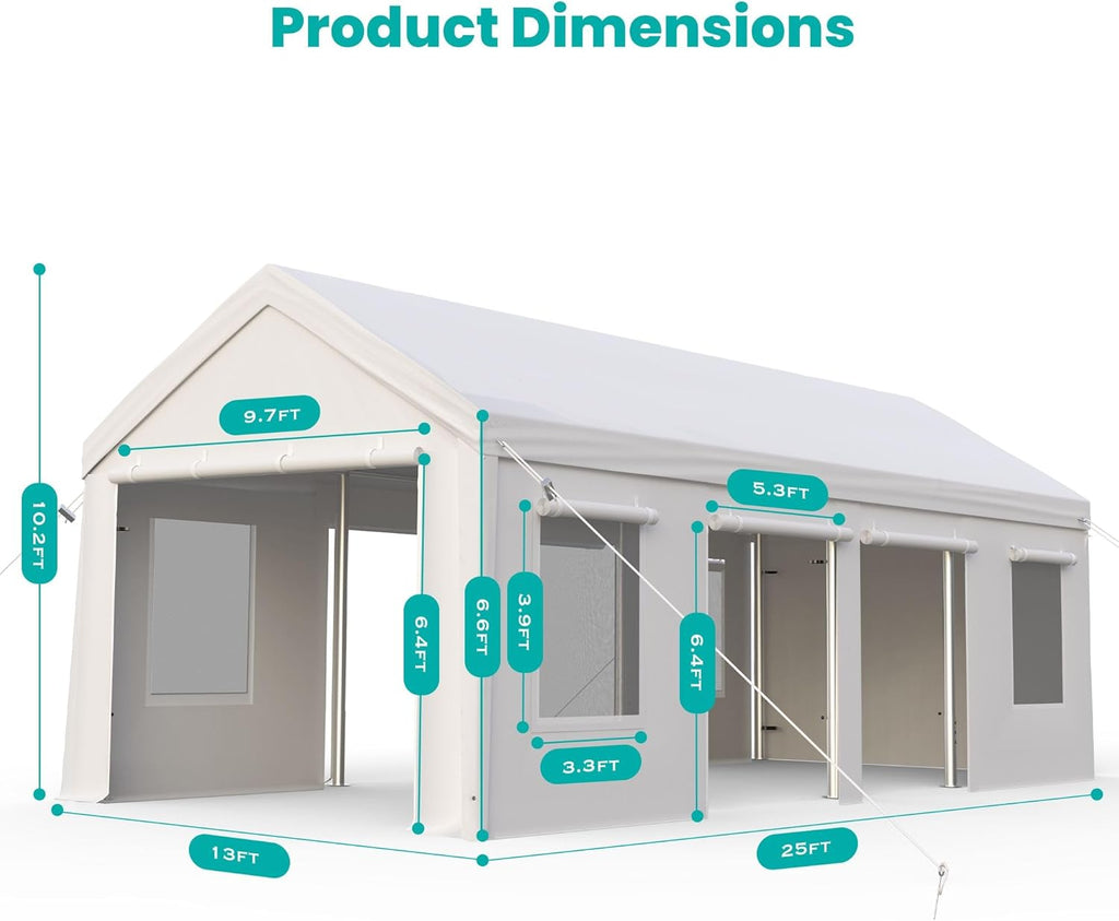 13x25ft Carport, Heavy Duty Carport with Reinforced Steel Poles, Upgraded Portable Garage with Doors & Window, UV Resistant All-Season Waterproof Tarp, for Car, Truck, Boat(White)