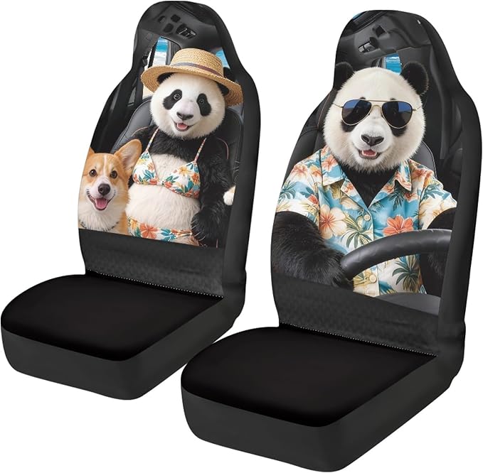 Panda Front Car Seat Cover Nonslip Auto Interior Accessories 2 Pcs Set Stretch Polyester Fabric Cover All-Season Protection Universal Fit for Most Cars SUV and Sedan