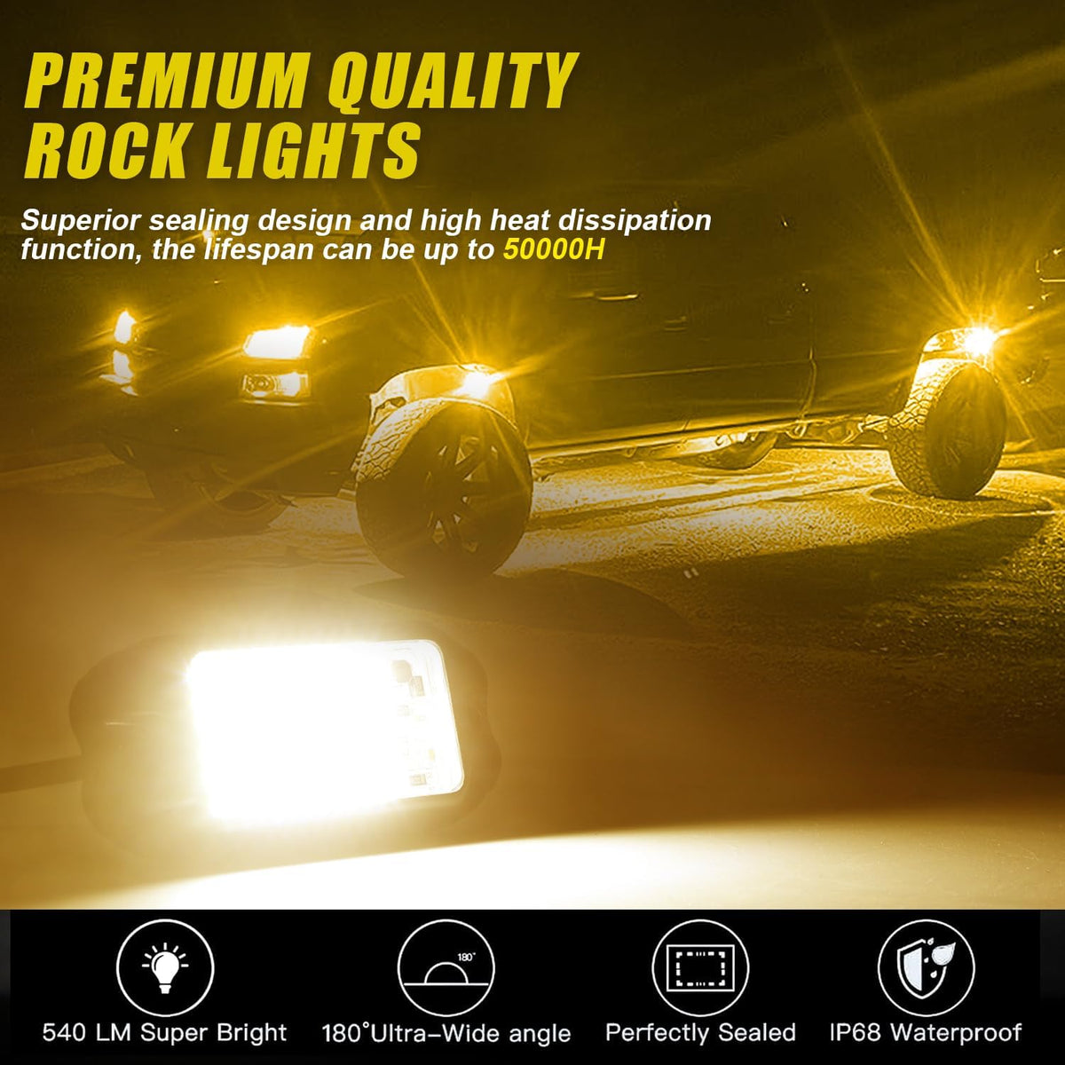 Nicoko 4Pods Pure Yellow 72 LEDs SMD Chips 72w High Power Rock Lights Super Bright Yellow Offroad Car Boat Underglow Lights IP68 Waterproof for Truck SUV UTV ATV RZR