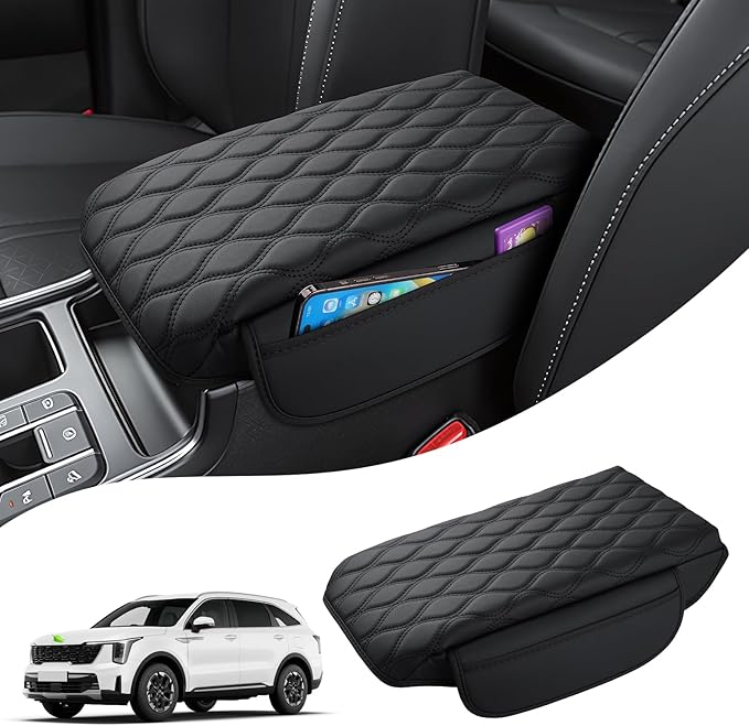 Autorder Center Console Cover for 2021-2025 2026 Kia Sorento Accessories Armrest Cushion Cover Nappa Leather Middle Console Covers Sorento Console Cushion Pad Anti-Scratch