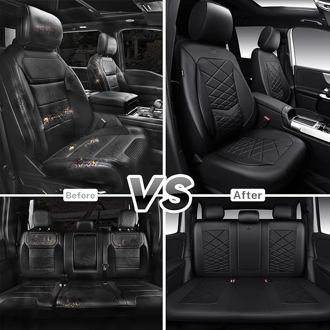 CAR PASS Luxury Nappa Leather Seat Covers Full Set, Water Resistant Faux Leather Seat Covers with Lumbar Support, Comfortable Automotive Seat Covers Universal Fit for SUV Sedan Van Truck, Solid Black