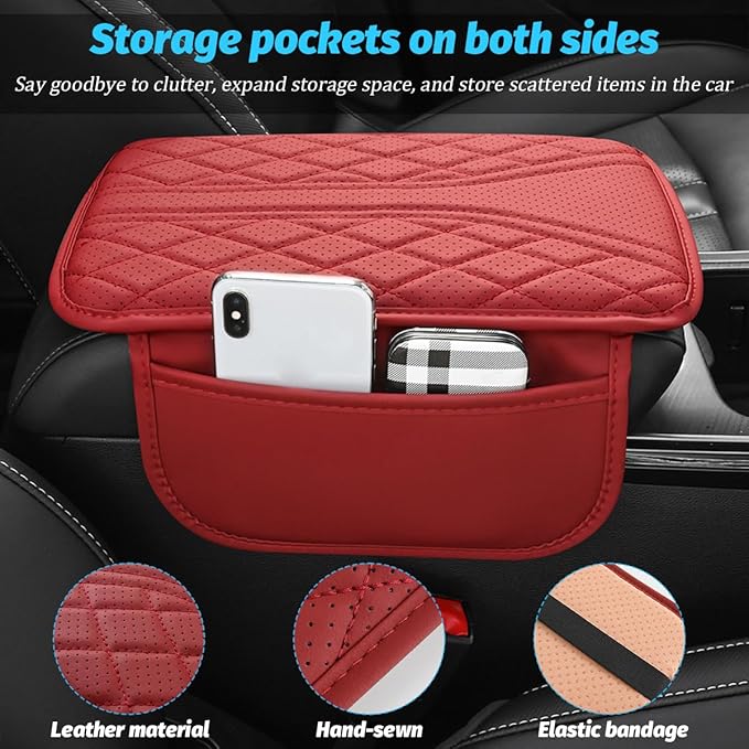 Car Center Console Cover, Leather Vehicle Armrest Box Pad with 2 Storage Bags, Automotive Interior Arm Rest Cushion Protector Accessories, Universal for SUV Sedan Truck (Wine Red)