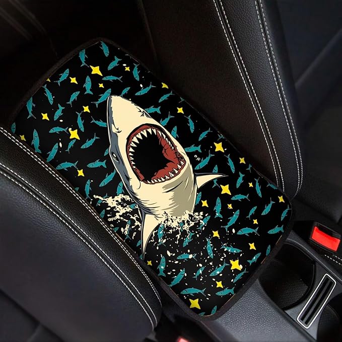 Shark Print Arm Rest Cover for Car Non Slip Car Center Console Cover Shark Car Interior Accessories Non Slip Armrest Cushion Protector Fit Most SUV Trucks Van Vehicle