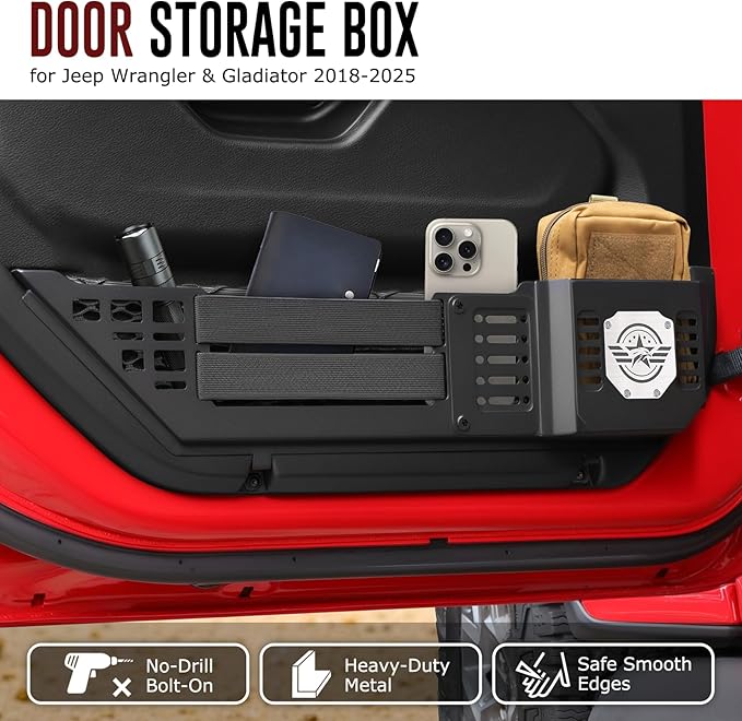 VEILS Front Door Storage Box for Jeep Wrangler JL JLU 4XE (2018-2025) & Gladiator JT (2020-2025) Accessories, Fits Manual/Power Seats, Heavy-Duty Metal Door Pockets Organizer 2PCS, Black