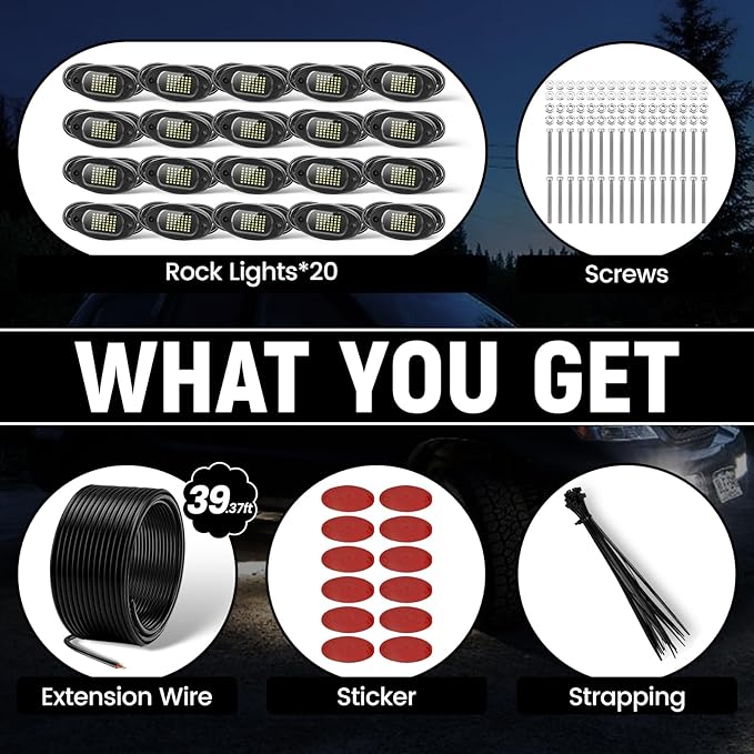 YONEDA 20 Pods White Rock Lights 6000K 42LED Ultra Bright LED Underglow Lights IP68 Waterproof for Trucks SUV UTV ATV RZR Car Boats Pickup Motorcycle with 39.37ft Extension Wire
