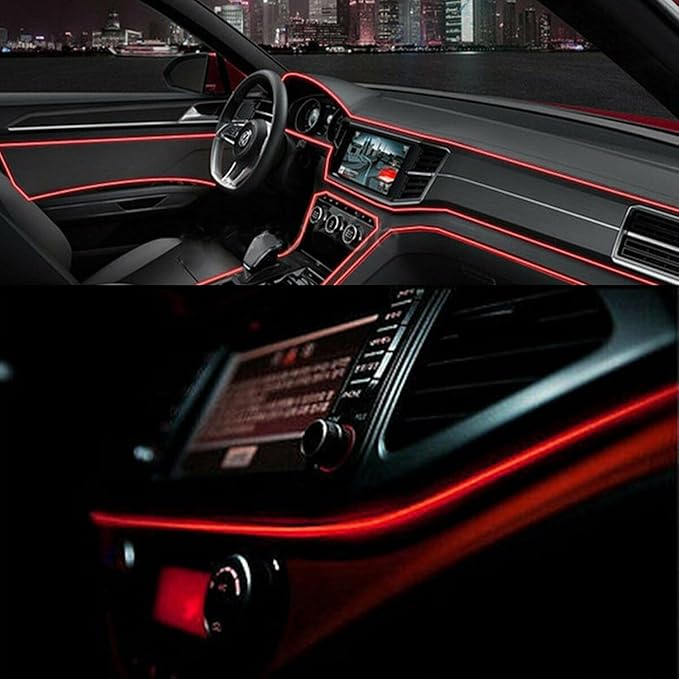 Riloer El Wire Lights for Car, Interior Neon Lights Strip Car LED Strip Light Interior for Car Garden Party Decoration, Car Ambient Lighting Kits, 3m/9.8ft Red LED