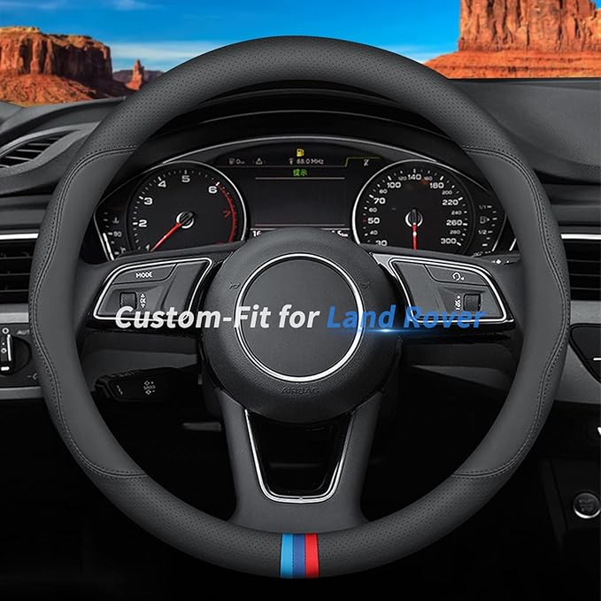 Custom-Fit for Land Rover Steering Wheel Cover, Premium Leather Car Steering Wheel Cover with Logo, Non-Slip, Breathable, for Land Rover Accessories (D-Style,for Land Rover)