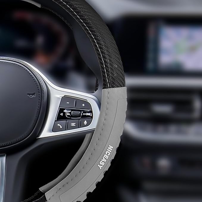 Sport Style Black Carbon-Fiber Steering Wheel Cover with Grey Grip Steering Wheel Accessory,Universal Fit 14.75-15 inch Steering Wheel