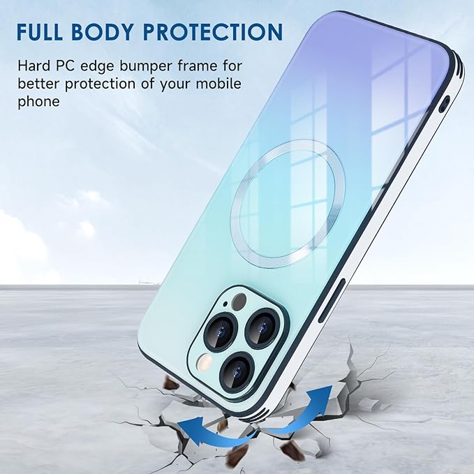 Guppy Compatible with iPhone 14 Pro with MagSafe Case, Magnetic Gradient Case with MagSafe Charging, Gradient Glass Back Cover with Lens Film-Blue