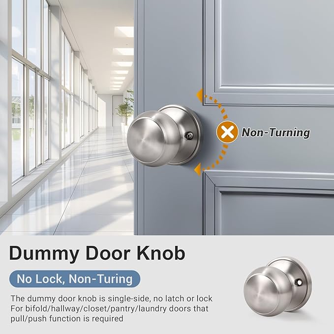 KNOBWELL 4 Pack Brushed Nickel Dummy Door Knob, Single Sided Handle for Closets, French Double Doors, and Pantry, Satin Nickel One Side Non-Turning Interior Push/Pull Door Knob
