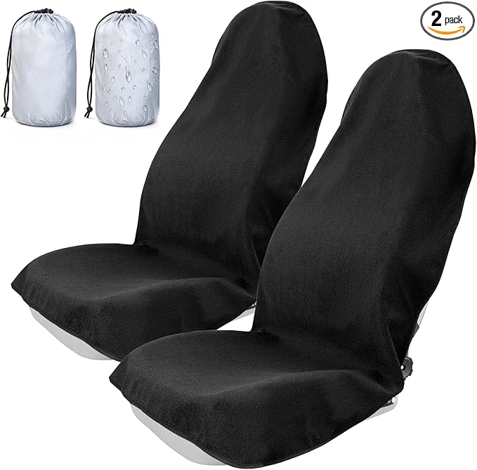 ZIMABLUE 2PC Waterproof Towel Car Seat Covers - 1kg Heavy Duty 3-Layer Microfiber Sweat Protector for Bucket Seats - Non-Slip Machine Washable Universal Fit for Gym, Yoga, Beach, Pets & Outdoors-Black