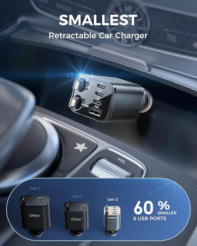 Upgraded SUPERONE Retractable Car Charger, [Ultra-Compact] 6-Port Car Charger USB C, iPhone Car Chargers Fast Charging with USB C & Apple Cable, RV Power Adapter for iPhone 17/16/15/14/13/12