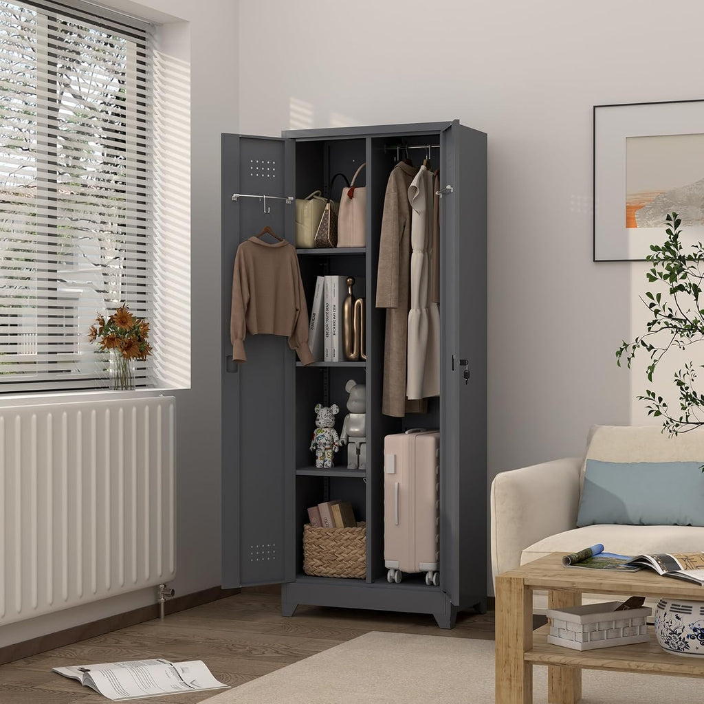 GREATMEET 65" H Metal Garage Storage Cabinets with Lock Door and Adjustable Shelves,Grey Broom Closet Storage Cabinet for Cleaning Supplies for Garage, Bathroom,Kitchen,Home
